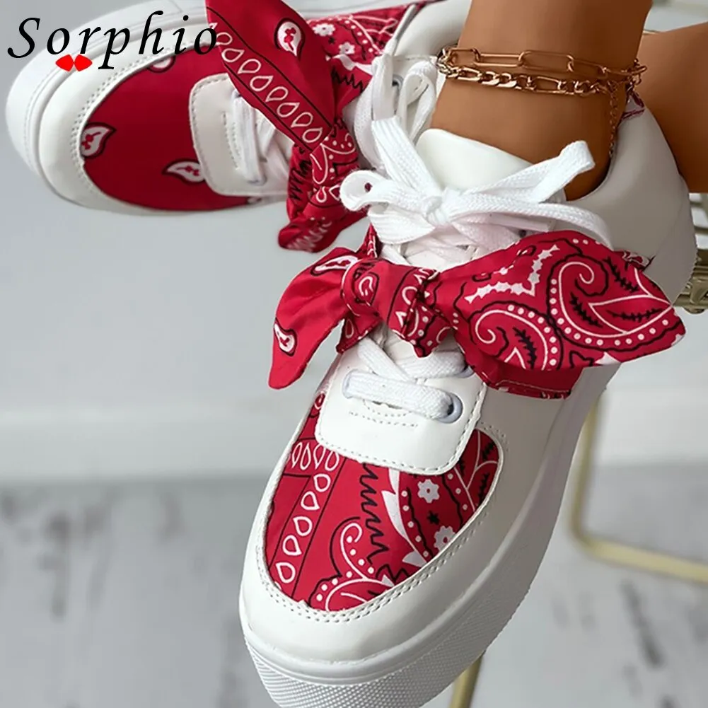 Amozae--Christmas Gift Female Flats Bandana Print Round Fashion Bow Knot Design Fashon Women's Sneakers 2024 Comfy Casual Hot Sale Slip On Footwear