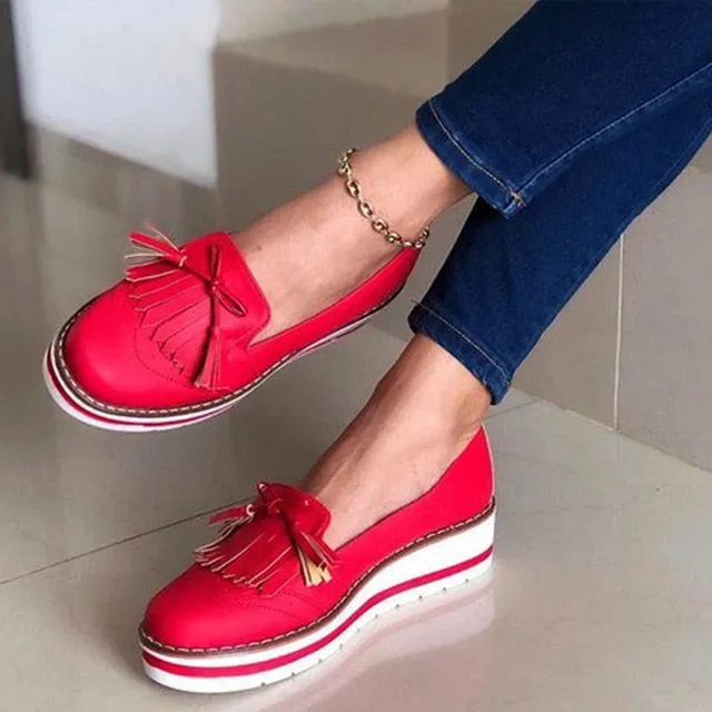 Amozae Women Tassel Bowtie Loafers Woman Slip On Sneakers Ladies Soft PU Leather Sewing Flat Platform Female Shoes All Seasons