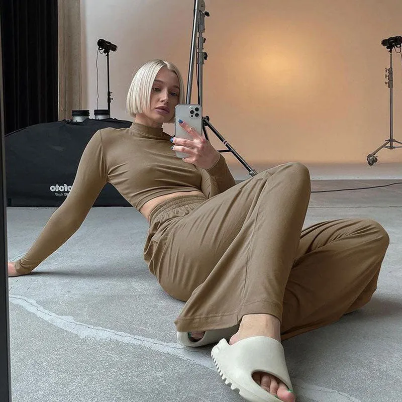 Athleisure Solid Long Sleeve Crop Top Wide Leg Pants Matching Set - Khaki