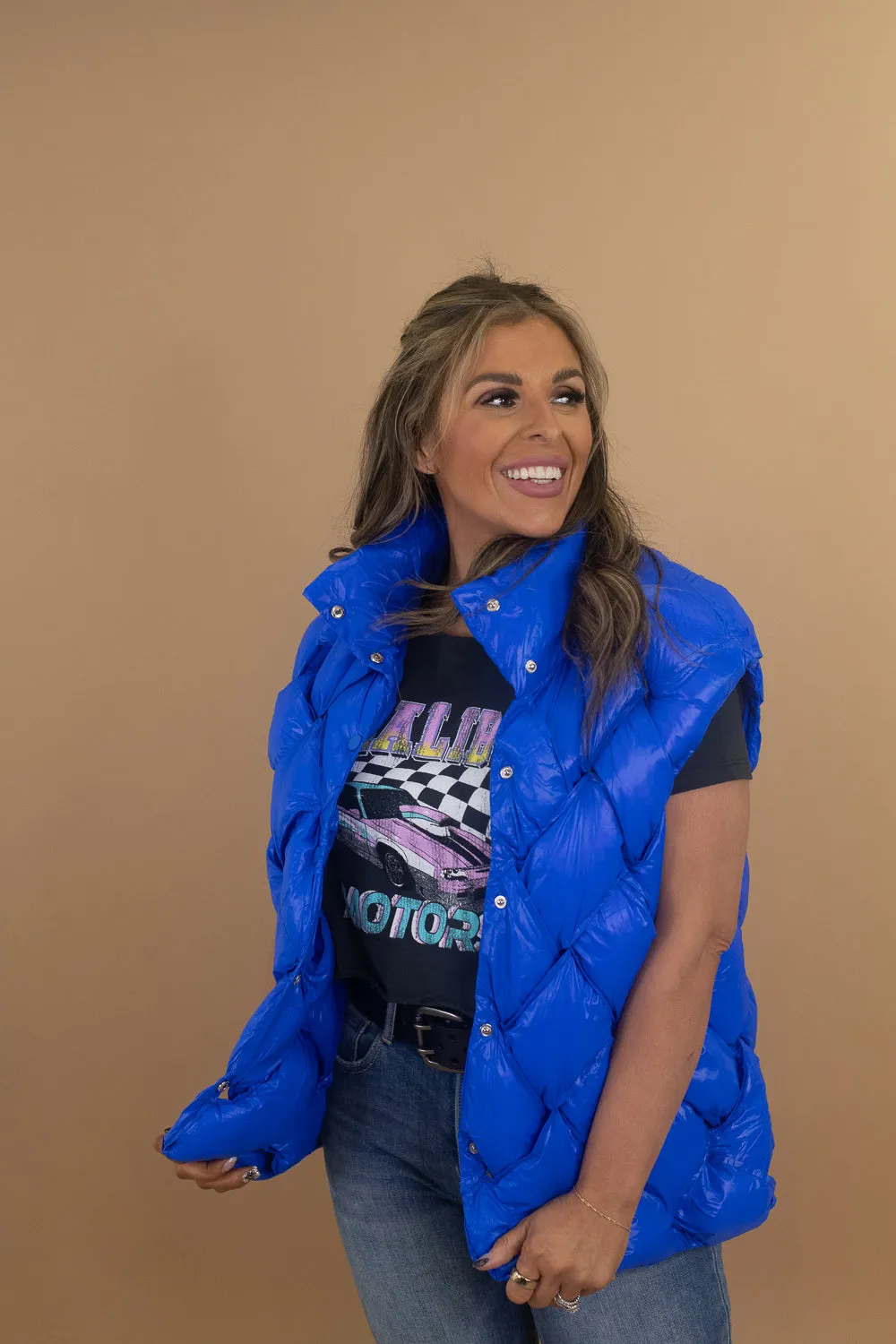 Button Woven Puffer Vest, Royal Blue