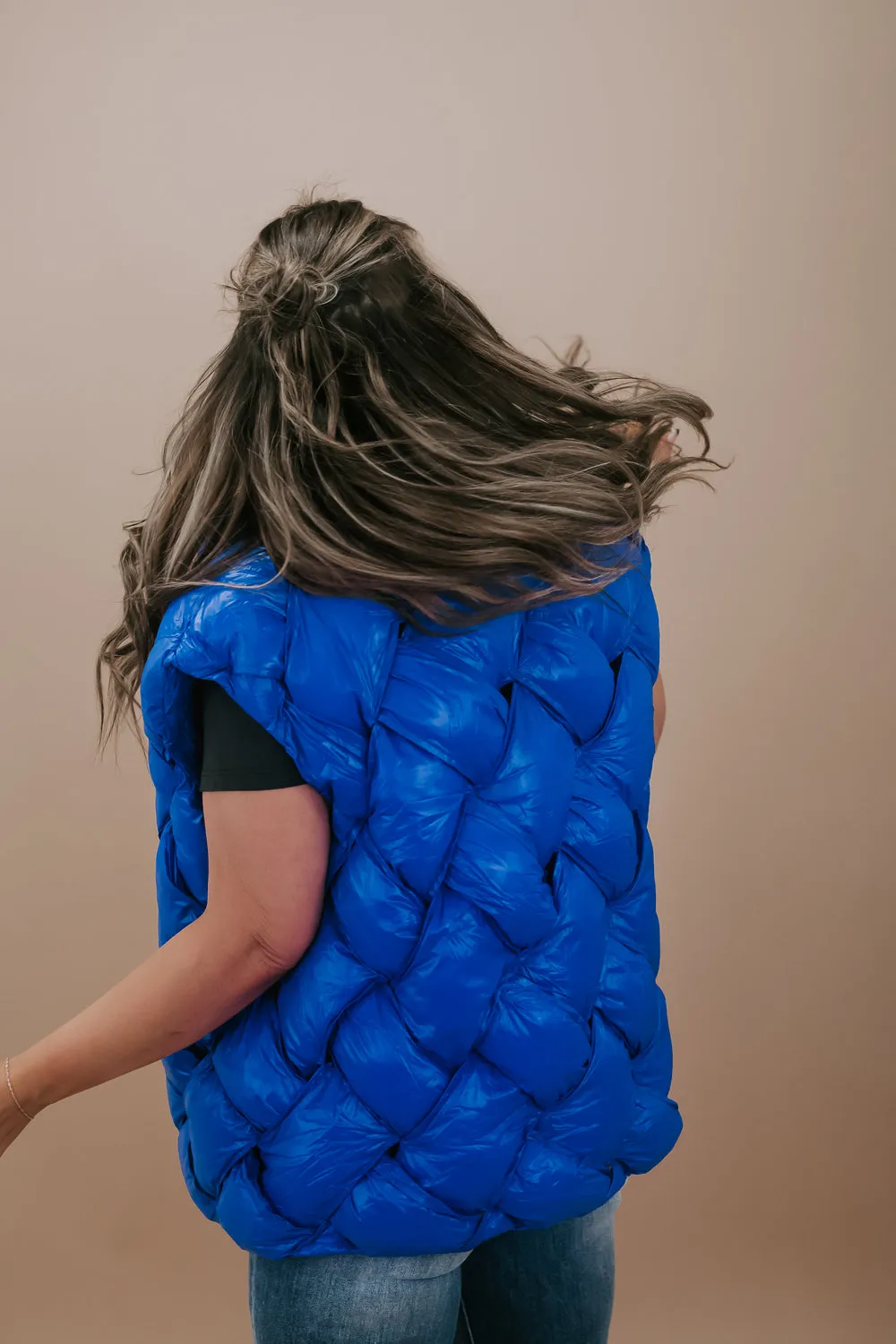 Button Woven Puffer Vest, Royal Blue