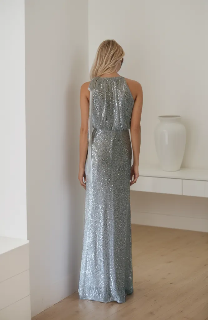 Goddess haltered vertical sequin mesh sheath cocktail party dress