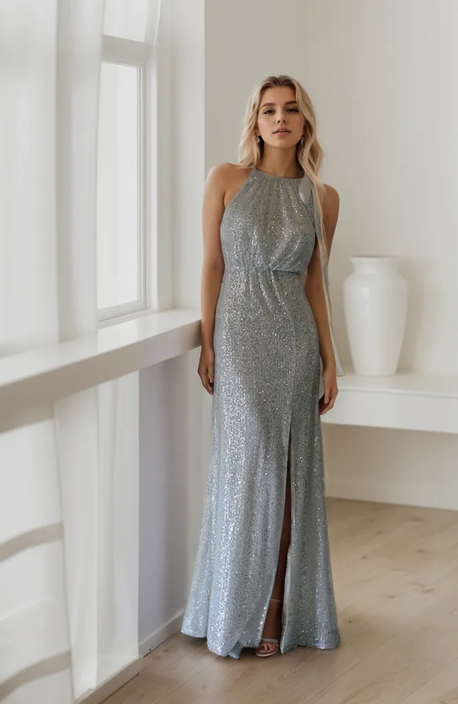 Goddess haltered vertical sequin mesh sheath cocktail party dress