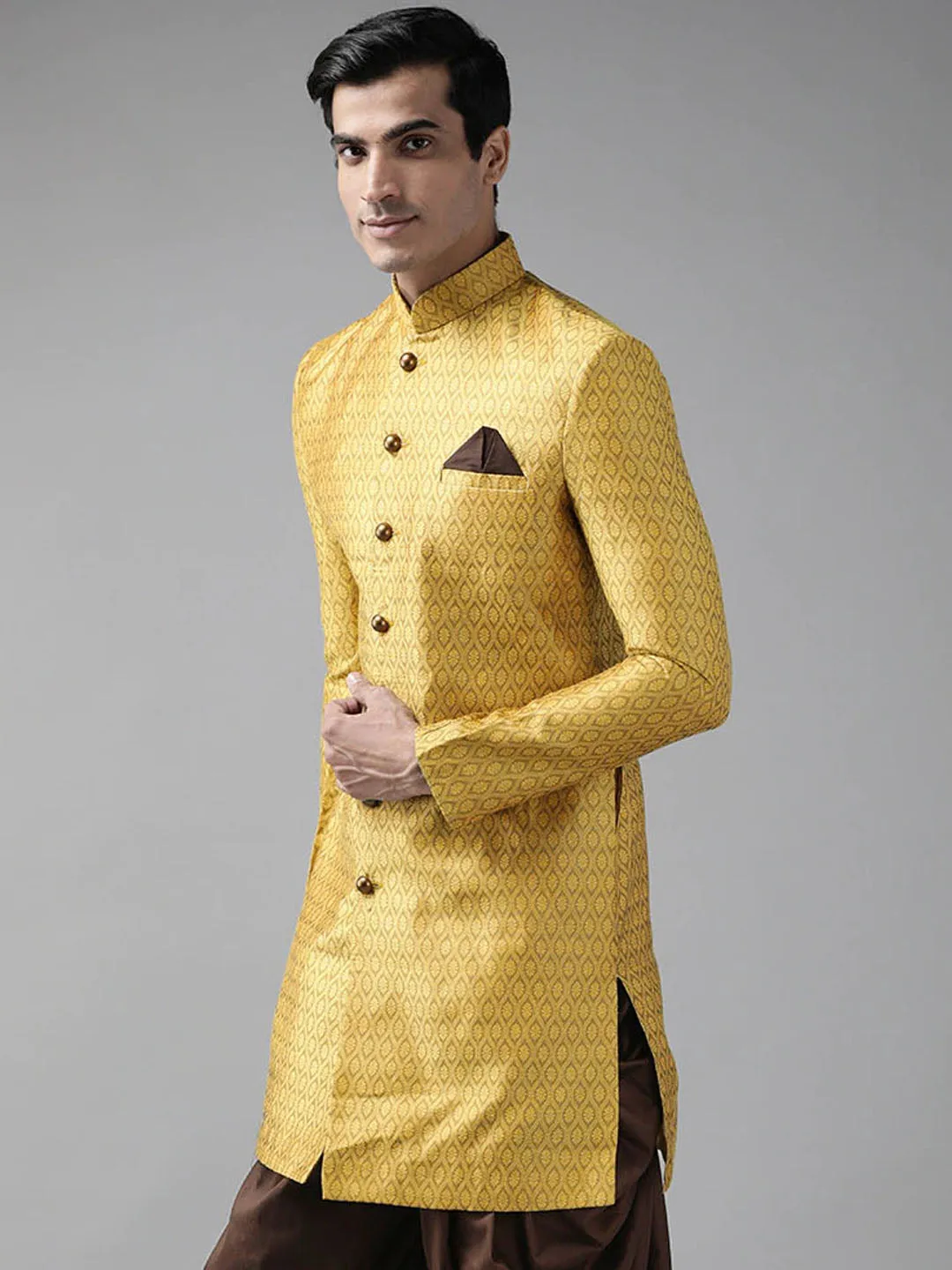 Jashvi Men's Mustard Yellow Sik Blend Sherwani Top