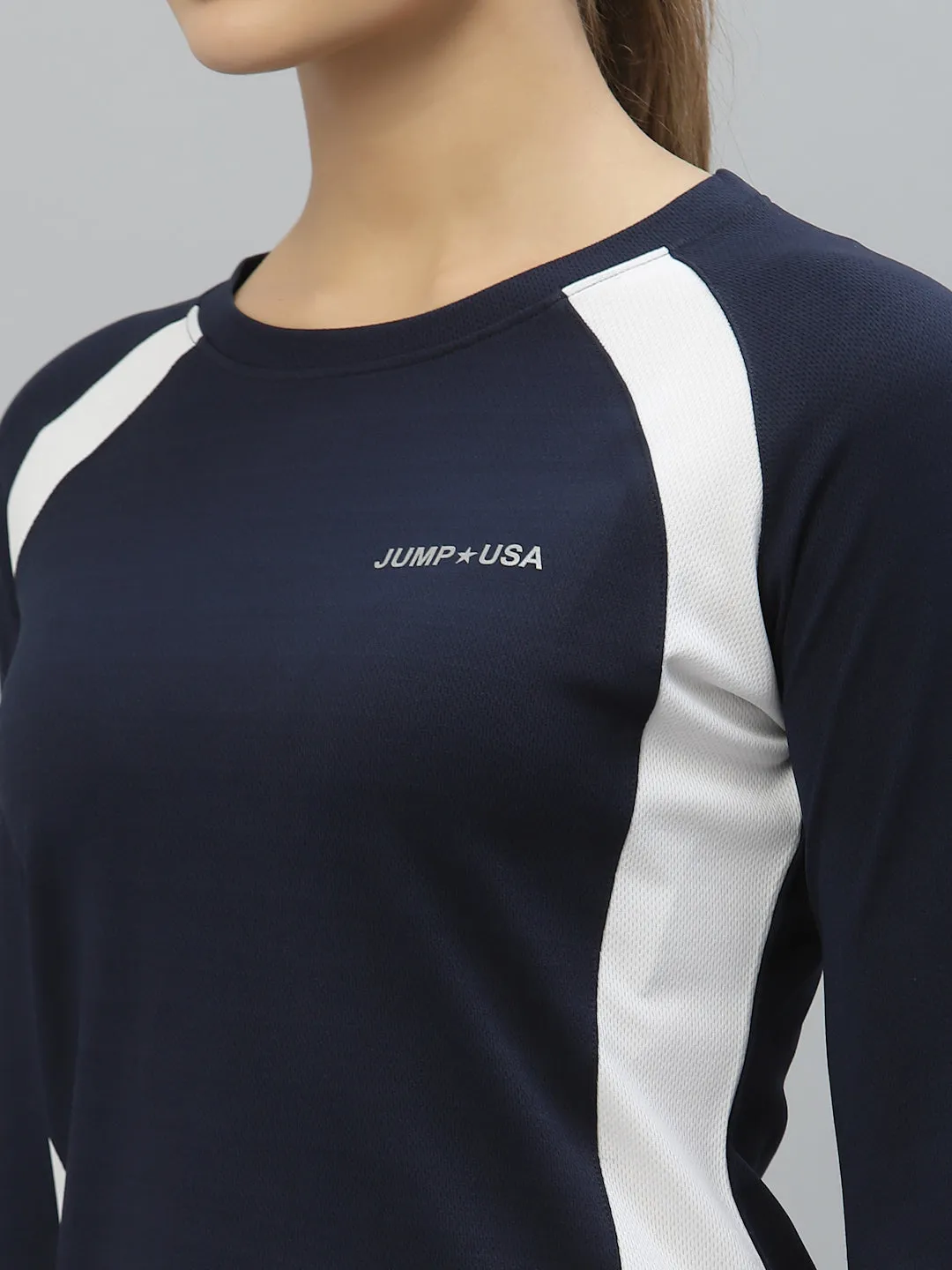 JUMP USA Women Navy & White Colorblock Outdoor Rapid-Dry T-shirt
