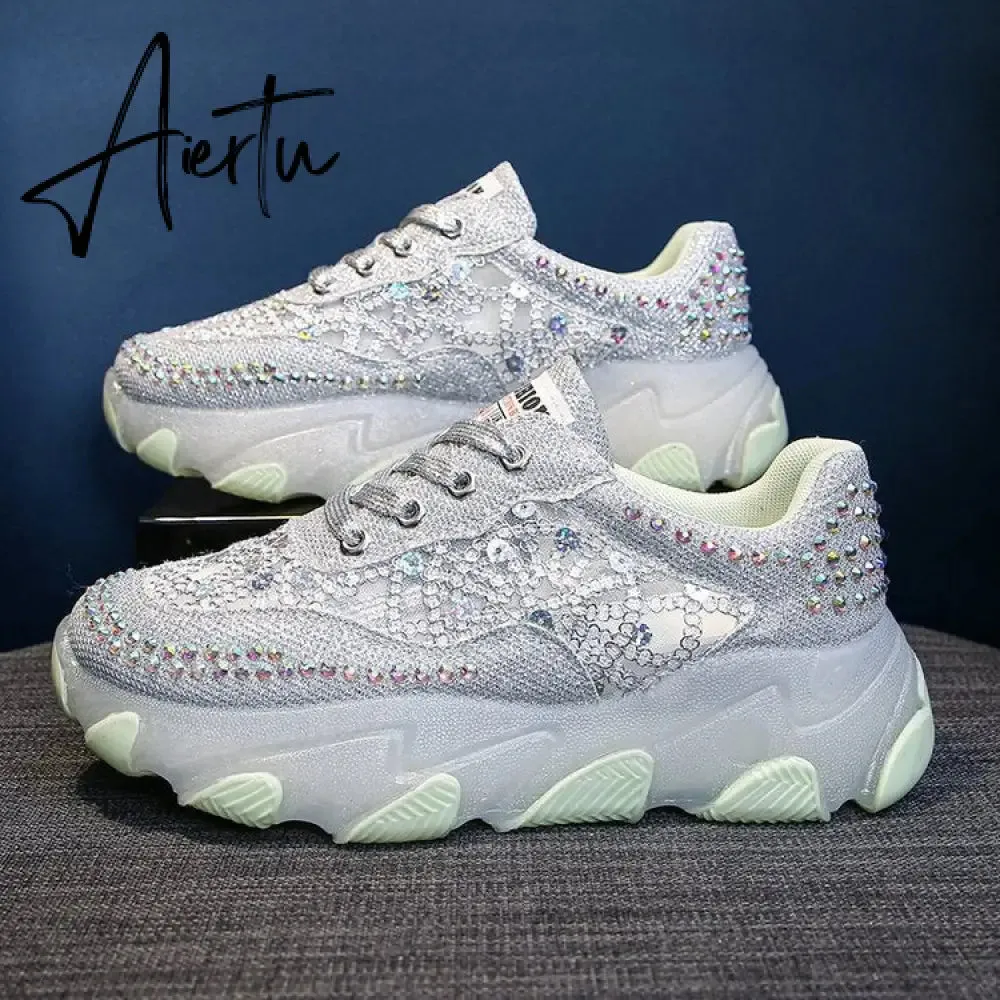 New Silver Rhinestone Sneakers for Women Summer Casual Shoes Fashion Heightening Platform Shoes Female Lace Sneakers Sandals