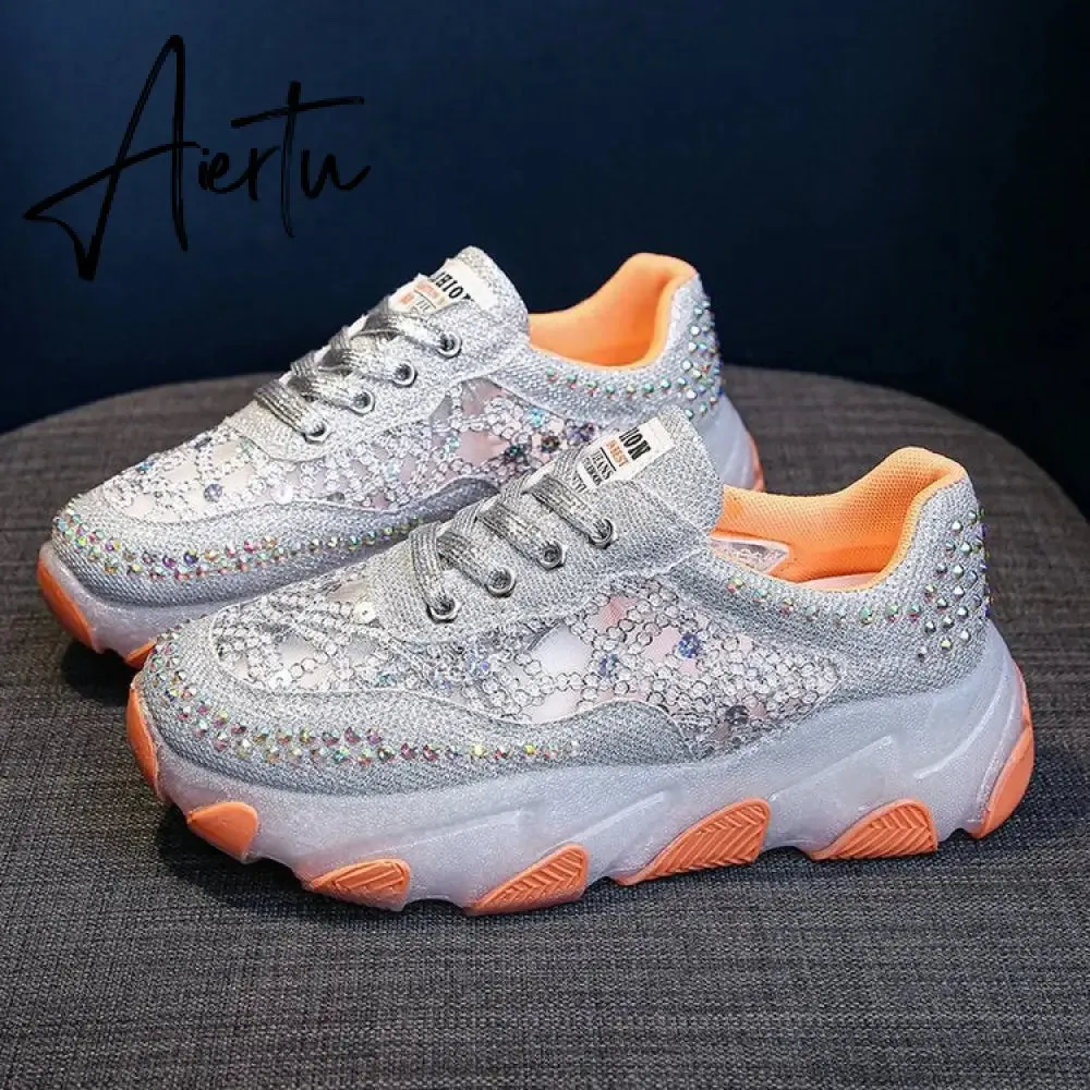 New Silver Rhinestone Sneakers for Women Summer Casual Shoes Fashion Heightening Platform Shoes Female Lace Sneakers Sandals