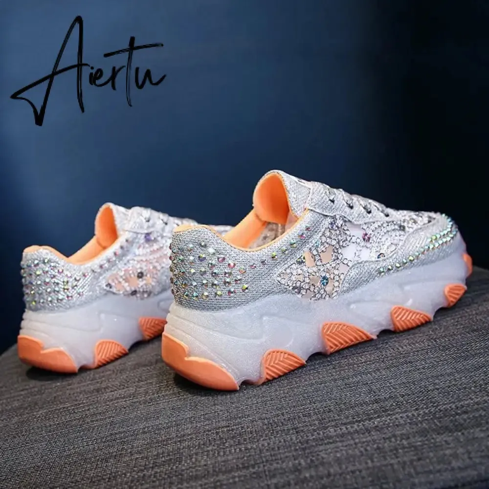 New Silver Rhinestone Sneakers for Women Summer Casual Shoes Fashion Heightening Platform Shoes Female Lace Sneakers Sandals