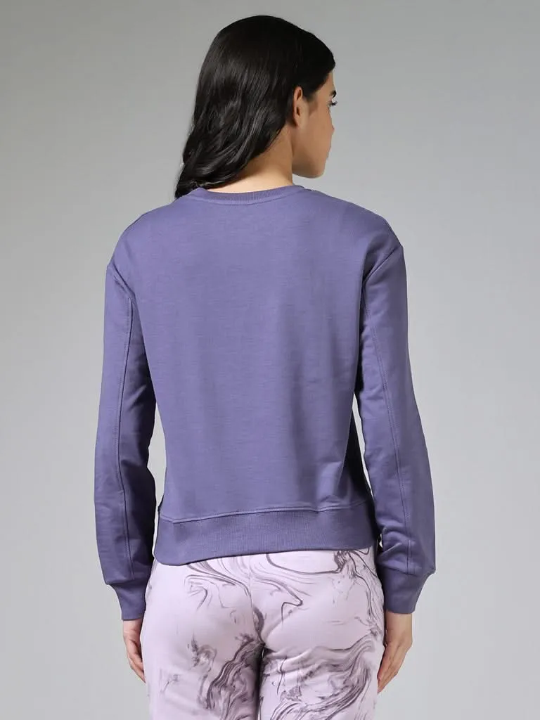 Studiofit Typography Printed Light Purple Cotton Ribbed Sweatshirt