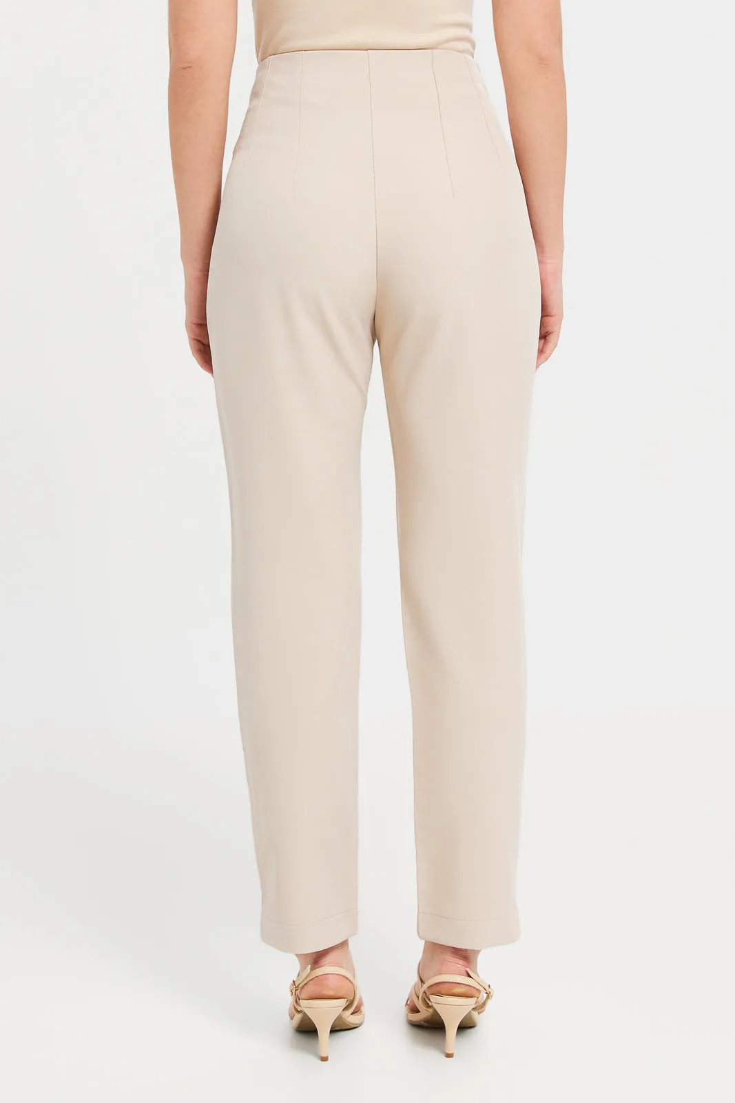 Women Beige Straight Leg Single Button Trouser