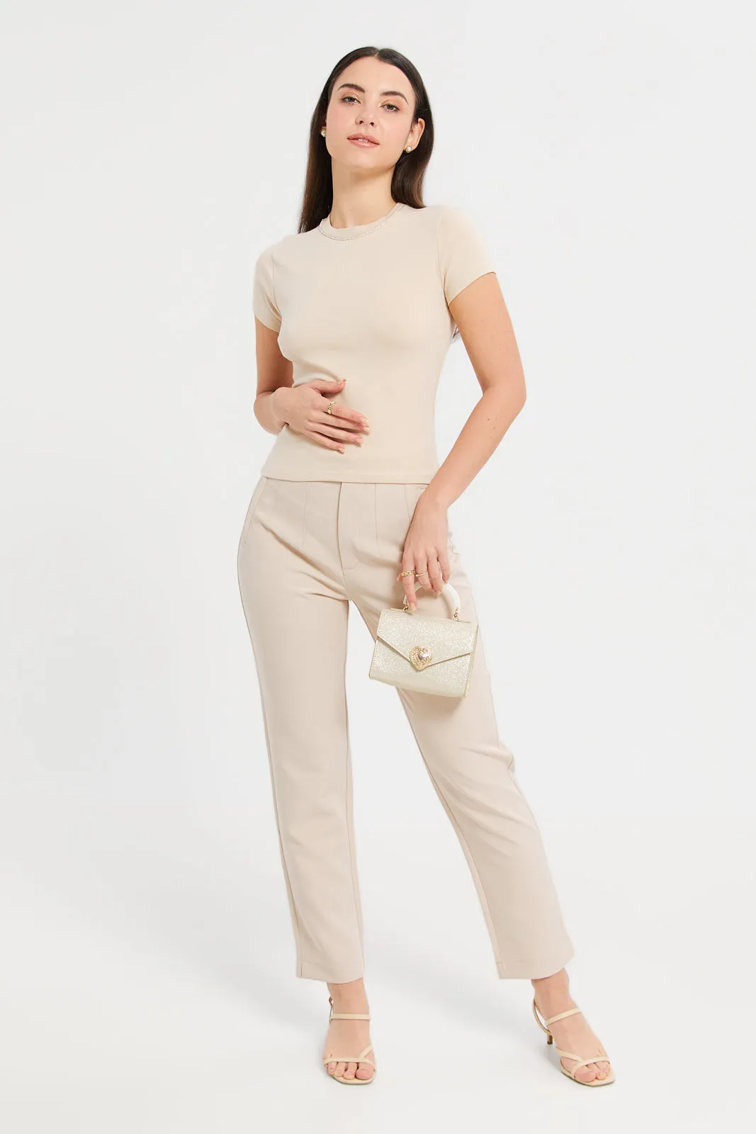 Women Beige Straight Leg Single Button Trouser